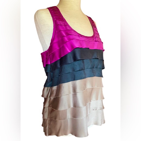 ANTHROPOLOGIE 100% SILK TIERED RUFFLE COLOR BLOCK TOP CAMI BLOUSE SMALL NEW $250 - Picture 2 of 6
